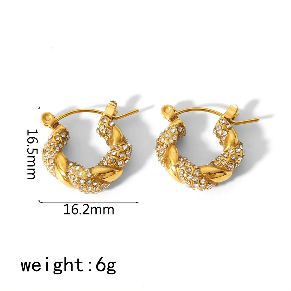 1 Pair Classic Simple Style Twist Braid U Shape Stainless Steel 18K Gold Plated Inlay Rhinstones Women's Hoop Earrings h5 Picture2